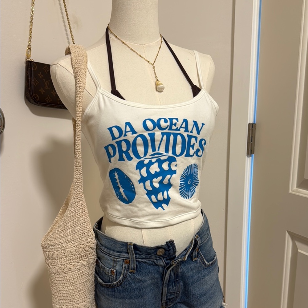 White Camisole Tank Top with Blue Ocean Graphic - Women's Casual